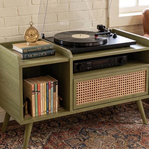 Mobiletto porta dischi in vinile in rattan, supporto per giradischi in stile metà secolo, consolle multimediale boho, ripiano per LP