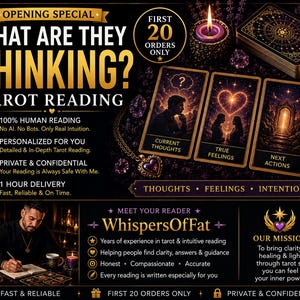May include: A promotional graphic for a tarot reading service titled What Are They Thinking? featuring three tarot cards labeled Current Thoughts, True Feelings, and Next Actions. The design includes gold text, purple accents, candles, and a reader.
