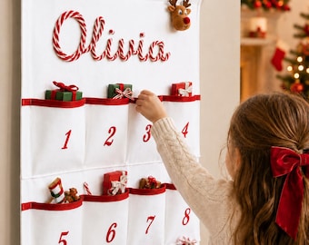Calendario dell'Avvento personalizzato 2026, calendario dell'Avvento in tessuto con nome personalizzato per bambini, conto alla rovescia di Natale da appendere alla parete, calendario dell'Avvento riutilizzabile