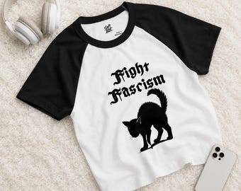 Fight Fascism Cat Baby Tee | Gothic Punk Raglan Shirt | Punk Grunge Y2K Top
