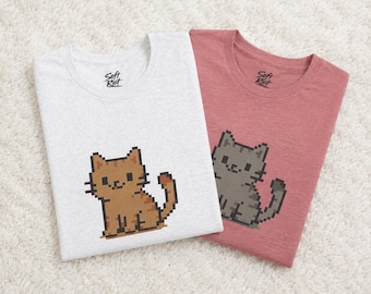 T-shirt avec chat pixelisé | à motif chaton 8 bits rétro | T-shirt chat « Voiture »