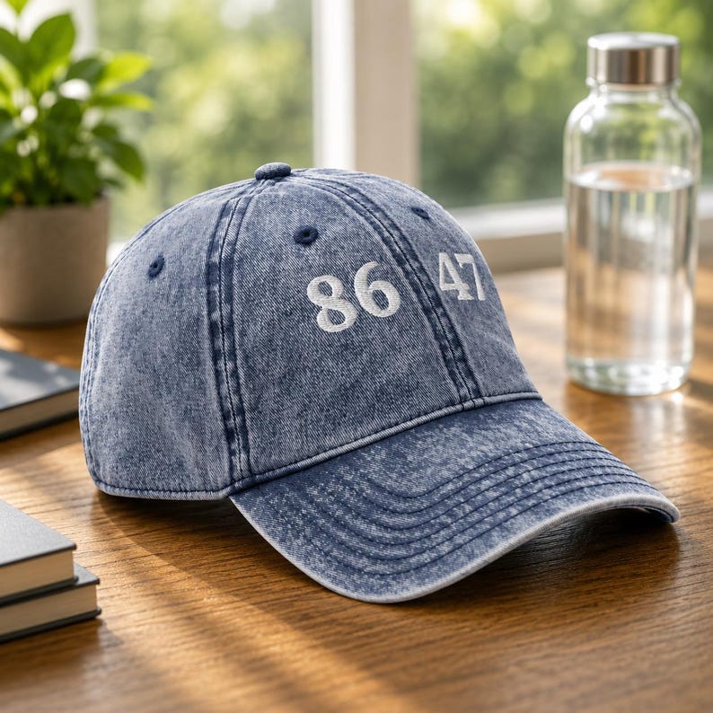May include: A blue acid-wash denim baseball cap featuring the white embroidered numbers 86 47 on the front panel. The cap has a structured crown, a curved brim with visible stitching, and a button at the top center of the six-panel construction.