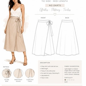 May include: A sewing pattern for a midi-length wrap skirt with a side tie bow and A-line silhouette. The image includes a fashion illustration, front and back technical line drawings, detail circles, and text describing the wrap skirt design.