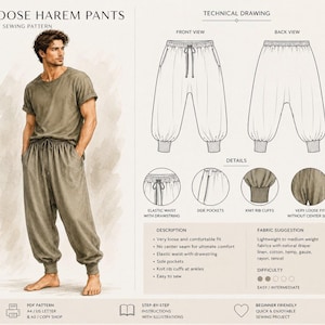 May include: A PDF sewing pattern for loose harem pants featuring technical drawings of front and back views, elastic waist with drawstring, side pockets, and knit rib cuffs. Includes a description, fabric suggestions, and difficulty level.