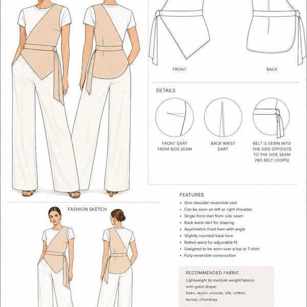 One Shoulder Vest Sewing Pattern | Reversible Asymmetrical Top (PDF Download)