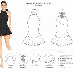 May include: A black one-piece halter swimsuit with a flounce skirt. The design features a high halter neckline, a low open back with a 4 cm wide self-tie closure at the neck, and a skirt attached at the hip. Technical sketches show front and back views.