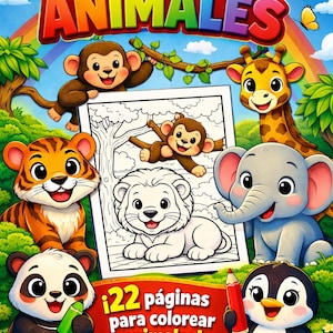 May include: A coloring book titled Mi Libro de Colorear ANIMALES featuring a cartoon monkey, giraffe, tiger, elephant, panda, and penguin. The cover displays a line art illustration of a lion and monkey, with text stating 22 páginas para colorear.