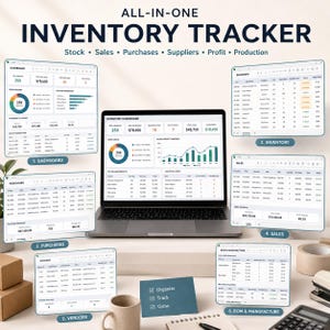 May include: An all-in-one inventory tracker displayed on a laptop screen and multiple digital windows. The interface features a dashboard, inventory list, sales summary, purchase logs, vendor contact details, and a bill of materials and manufacture sheet.