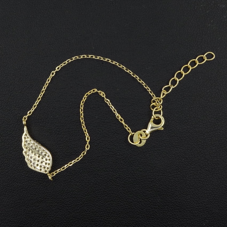 Classic Gold Plate Jewelry Gift Handmade Sparkling CZ Sterling Silver Angel Wing Bracelet 925 Solid Stamped Silver Anklet Cuff