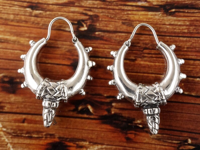 Sterling Silver Tribal Spiked Hoops Earrings 12.6g Jewelry Gift