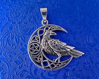 Raven Crescent Moon Pendant Necklace Celtic Pentagram