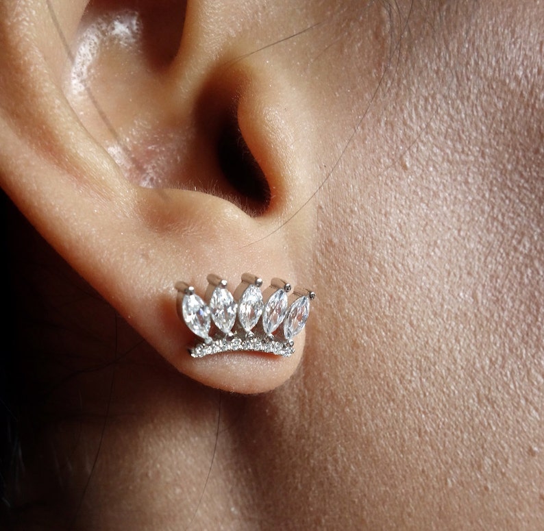 Sterling Silver Sparkling Diamond CZ Stud Crown Earrings Jewelry Gift 24K Platinum Plate Solid Silver