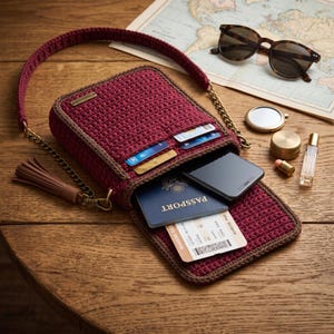 Può includere: Una borsa a tracolla all'uncinetto rosso scuro con bordo marrone, tracolla a catena dorata e nappa abbinata. La borsa contiene un passaporto blu, una carta d'imbarco, uno smartphone e carte di credito. Vicino ci sono occhiali e profumo.