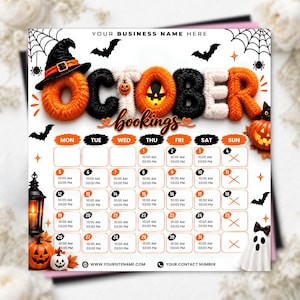 May include: A Halloween-themed October bookings calendar template featuring fuzzy orange, black, and white letters, a witch hat, bats, spiders, and jack-o'-lanterns. The grid displays dates 1 through 31 with placeholders for 10:00 AM to 03:00 PM.