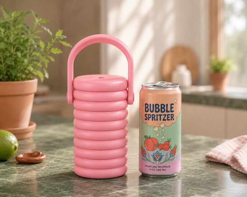 May include: A cylindrical pink beverage cooler with a ribbed texture and a top handle, positioned next to a 12 oz aluminum can labeled Bubble Spritzer with a peach and floral graphic design, featuring a gradient background of green and pink colors.