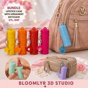 May include: A bundle of cylindrical lipstick cases with textured surfaces and attached metal keychains featuring various charms. The colors include yellow, orange, red, pink, blue, and purple. Each case includes a matching charm like a star, flower, sun, heart, or paw print.