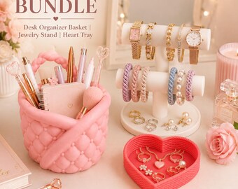 Pink Vanity Organizer STL Bundle, Schmuckständer, Herz Trinket Tablett und Schreibtischkorb, 3MF-Dateien, Coquette Room Decor