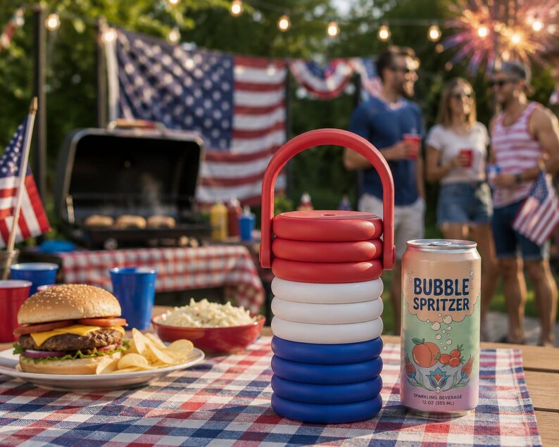 May include: A stackable red, white, and blue plastic beverage cooler with a handle, positioned next to a 12-ounce can of Bubble Spritzer sparkling beverage, a cheeseburger on a plate, and a bowl of coleslaw on a checkered tablecloth.