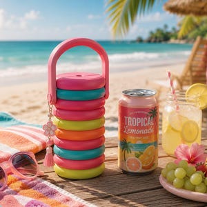 May include: A cylindrical, multi-colored stackable container with a pink handle and a small flower charm. The container features alternating rings in shades of pink, teal, lime green, and orange. Next to it sits a can labeled Tropical Lemonade.