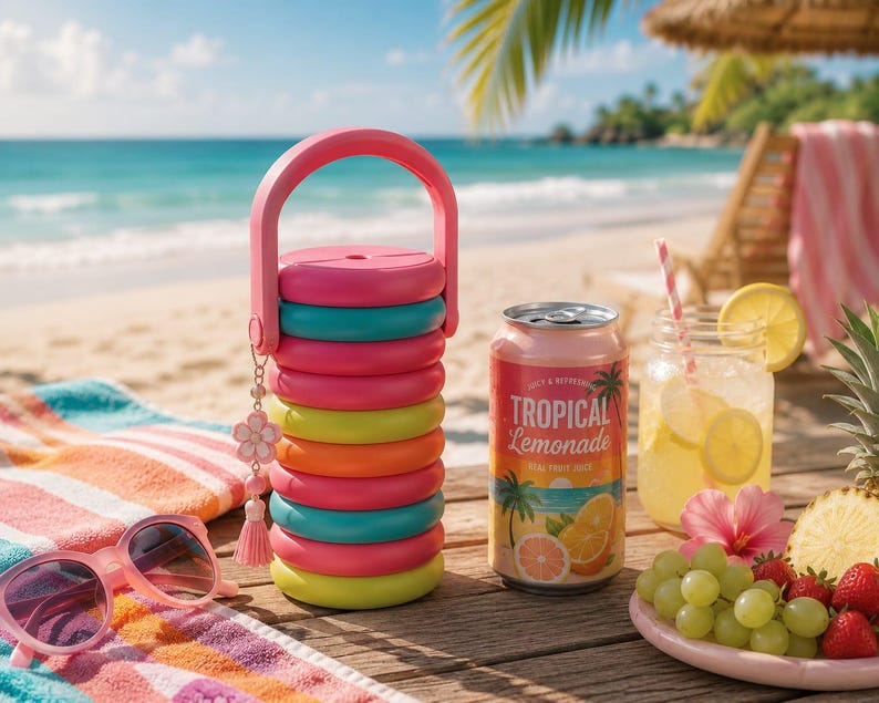May include: A cylindrical, multi-colored stackable container with a pink handle and a small flower charm. The container features alternating rings in shades of pink, teal, lime green, and orange. Next to it sits a can labeled Tropical Lemonade.