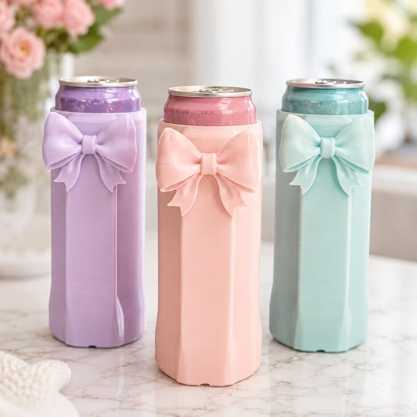 Bow Can Cooler STL Bundle, 12oz Slim Can Holder, Straw Topper, Can Opener, Coquette Cozy, Cute Drink Sleeve, 3D Print File