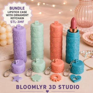 May include: A bundle of four cylindrical lipstick cases in purple, mint green, coral, and teal, each featuring embossed patterns of stars, clovers, flowers, and paw prints. Each case includes a matching detachable ornament keychain and a lipstick.