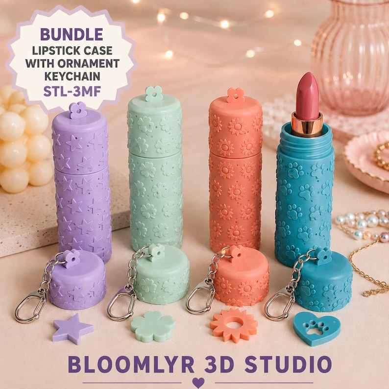 May include: A bundle of four cylindrical lipstick cases in purple, mint green, coral, and teal, each featuring embossed patterns of stars, clovers, flowers, and paw prints. Each case includes a matching detachable ornament keychain and a lipstick.