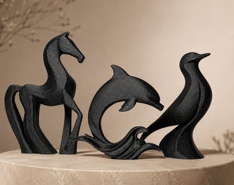 Abstrakte Tierskulptur STL Bundle, Moderne Pferd Delfin Vogel Statue 3D Druck Dateien, Minimalistische Wohnkultur, Schreibtisch Kunst Figur