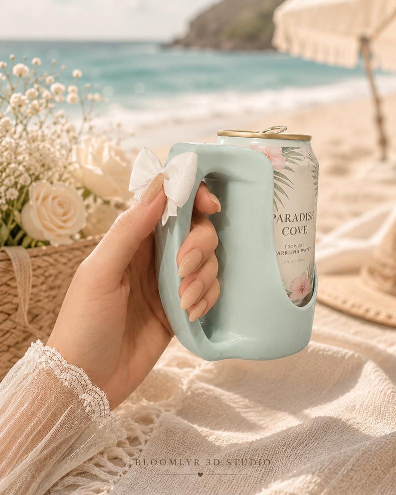 Bow Can Cooler STL File, 12 oz Standard Can Holder with Handle, Cute Soda Can Cooler, 3D Print Digital Download image 3