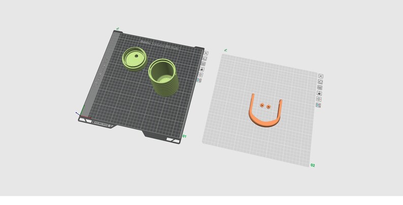 May include: A digital 3D modeling interface displaying two distinct build plates. The first plate features a light green cylindrical container and a matching lid. The second plate shows an orange U-shaped component and two small circular orange pieces.