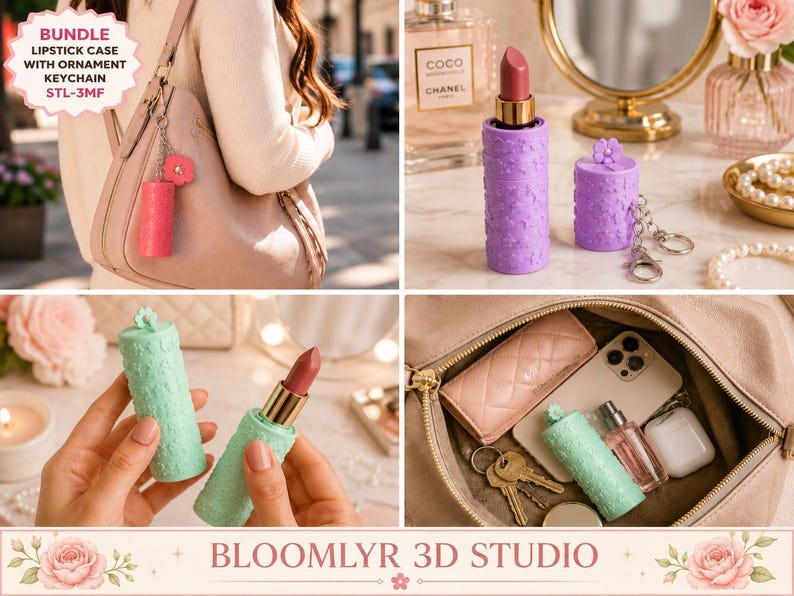 May include: A bundle of lipstick cases with ornament keychains in pink, purple, and mint green. Each cylindrical case features a textured floral pattern and a small flower charm attached to a metal keyring. The cases are shown holding lipstick.