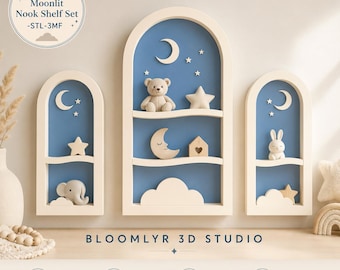 Juego de estantes de pared Moonlit Nook STL 3MF / Decoración de pared para guardería de 3 piezas / Estantes para habitación infantil Moon Cloud