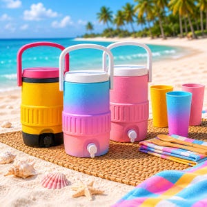 May include: Three cylindrical beverage coolers with handles and spigots, featuring one yellow and black, one blue-to-pink gradient, and one solid pink model. Three matching plastic cups and a folded plaid cloth with wooden utensils are included.