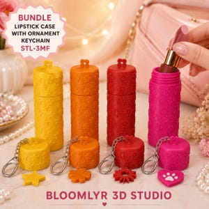 May include: A bundle of four cylindrical lipstick cases in yellow, orange, red, and pink, each featuring embossed patterns of stars, flowers, suns, and paw prints. Each case includes a matching detachable ornament keychain.
