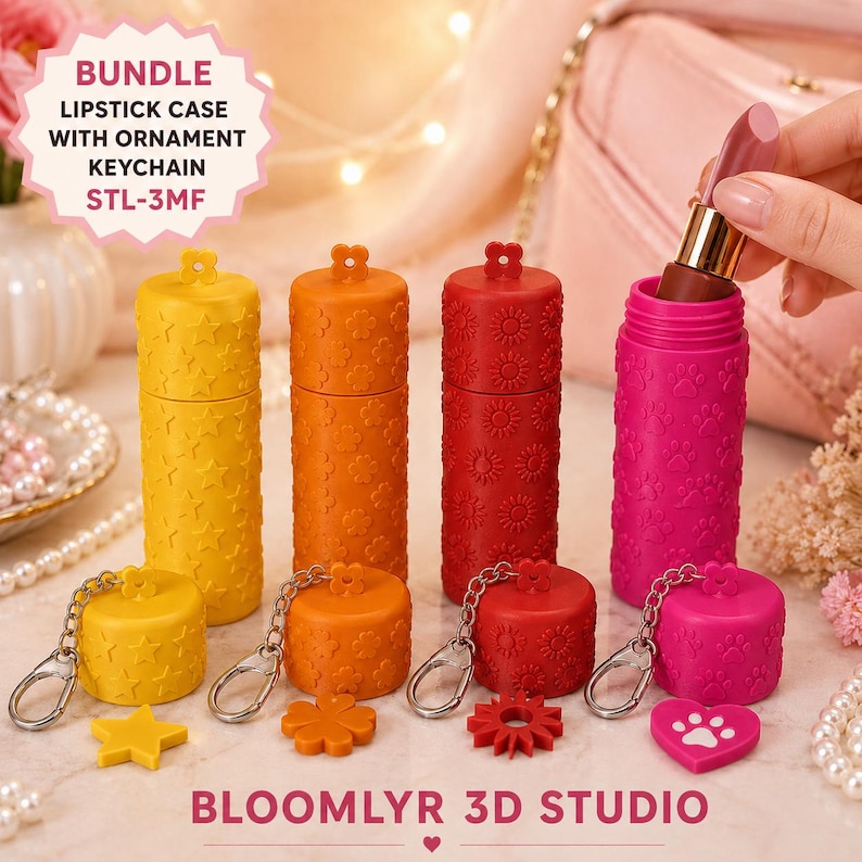 May include: A bundle of four cylindrical lipstick cases in yellow, orange, red, and pink, each featuring embossed patterns of stars, flowers, suns, and paw prints. Each case includes a matching detachable ornament keychain.