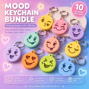 May include: A collection of ten circular keychains featuring various emoji-style facial expressions in colors including yellow, pink, purple, green, orange, and blue. Each charm has a metal ring attached and displays cut-out designs of eyes and mouths.