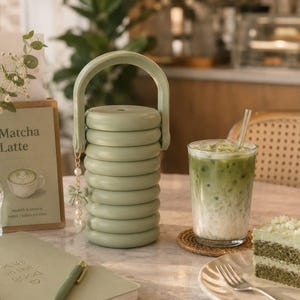 May include: A sage green, cylindrical, ribbed water bottle with a top handle and a small dangling charm featuring a bow and pearls. The bottle sits on a marble surface next to a glass of iced matcha latte and a slice of layered green cake.