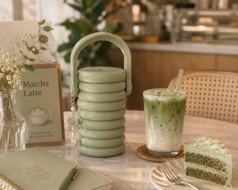 May include: A sage green, cylindrical, ribbed water bottle with a top handle and a small dangling charm featuring a bow and pearls. The bottle sits on a marble surface next to a glass of iced matcha latte and a slice of layered green cake.