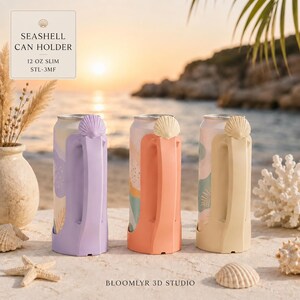 Seashell Can Cooler STL, 12 oz Skinny Can Holder with Handle, Sea Shell Drink Holder, Beach Summer 3D Print File, STL 3MF Download