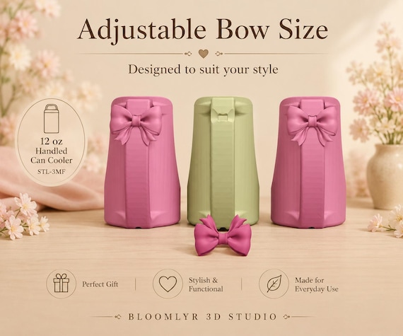 Bow Can Cooler STL File, 12 oz Standard Can Holder with Handle, Cute Soda Koozie, 3D Print Digital Download