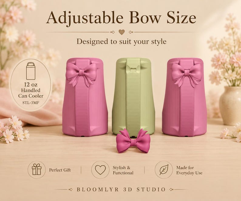 May include: Two pink and one light green 12 oz handled can coolers with bow attachments. The text reads Adjustable Bow Size, Designed to suit your style, 12 oz Handled Can Cooler STL-3MF, Perfect Gift, Stylish & Functional, Made for Everyday Use, BLOOMLYR 3D STUDIO.