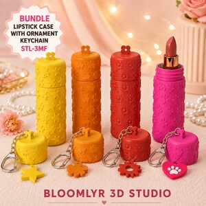 May include: A bundle of four cylindrical lipstick cases in yellow, orange, red, and pink, each featuring embossed patterns of stars, clovers, flowers, and paw prints. Each case includes a matching detachable ornament keychain and a metal clasp.