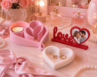 Romantisches Herz Decor Bundle STL, Valentinstag LED Teelichthalter, Herz Schmuckschale, Liebe Fotorahmen 3D Print Files