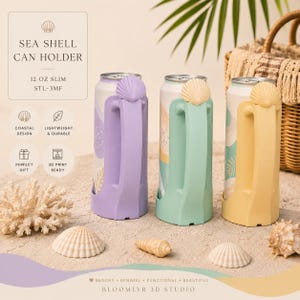 Seashell Can Cooler STL, 12 oz Skinny Can Holder with Handle, Sea Shell Drink Holder, Beach Summer 3D Print File, STL 3MF Download