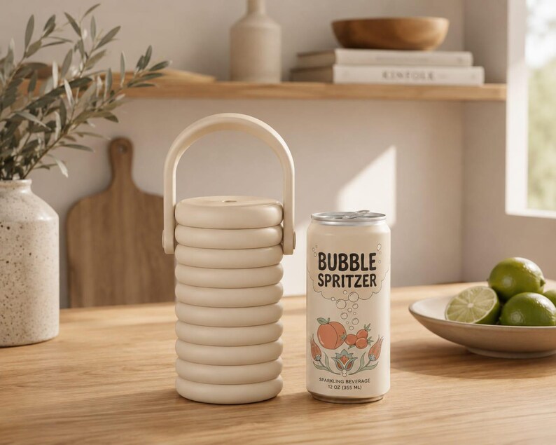 May include: A beige cylindrical beverage cooler with a ribbed texture and a top handle, positioned next to a 12 oz aluminum can labeled Bubble Spritzer with peach and floral graphics, featuring text that reads Sparkling Beverage 12 oz 355 ml.