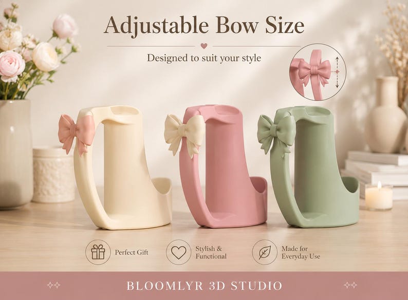 May include: Three curved holders in cream, pink, and sage green, each featuring a decorative bow on the side. Text reads Adjustable Bow Size, Designed to suit your style, and BLOOMLYR 3D STUDIO. A circular inset shows a bow with vertical arrows.