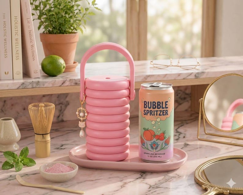 May include: A pink cylindrical container with a handle and a small dangling charm, placed on a matching pink oval tray next to a 12 oz can of Bubble Spritzer sparkling beverage. The can features a peach and floral graphic with the text Bubble Spritzer.