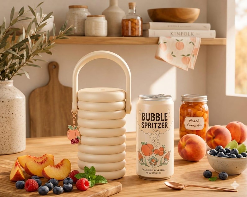 May include: A cream-colored cylindrical container with a handle and a peach-shaped charm, next to a 12 oz can labeled BUBBLE SPRITZER with peach illustrations, a jar of peach compote, fresh peaches, blueberries, raspberries, and a spoon.