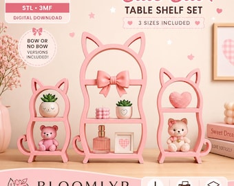 Cat Table Shelf STL 3MF, Cute Cat Shelf Set, 3D Printable Desk Shelf, Bow No Bow Version, Kawaii Cat Decor Digital Download