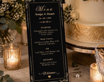 Plantilla de menú de boda en negro y dorado, menú de boda editable en Canva, elegante tarjeta de menú para la recepción, menú de boda imprimible, descarga instantánea.
